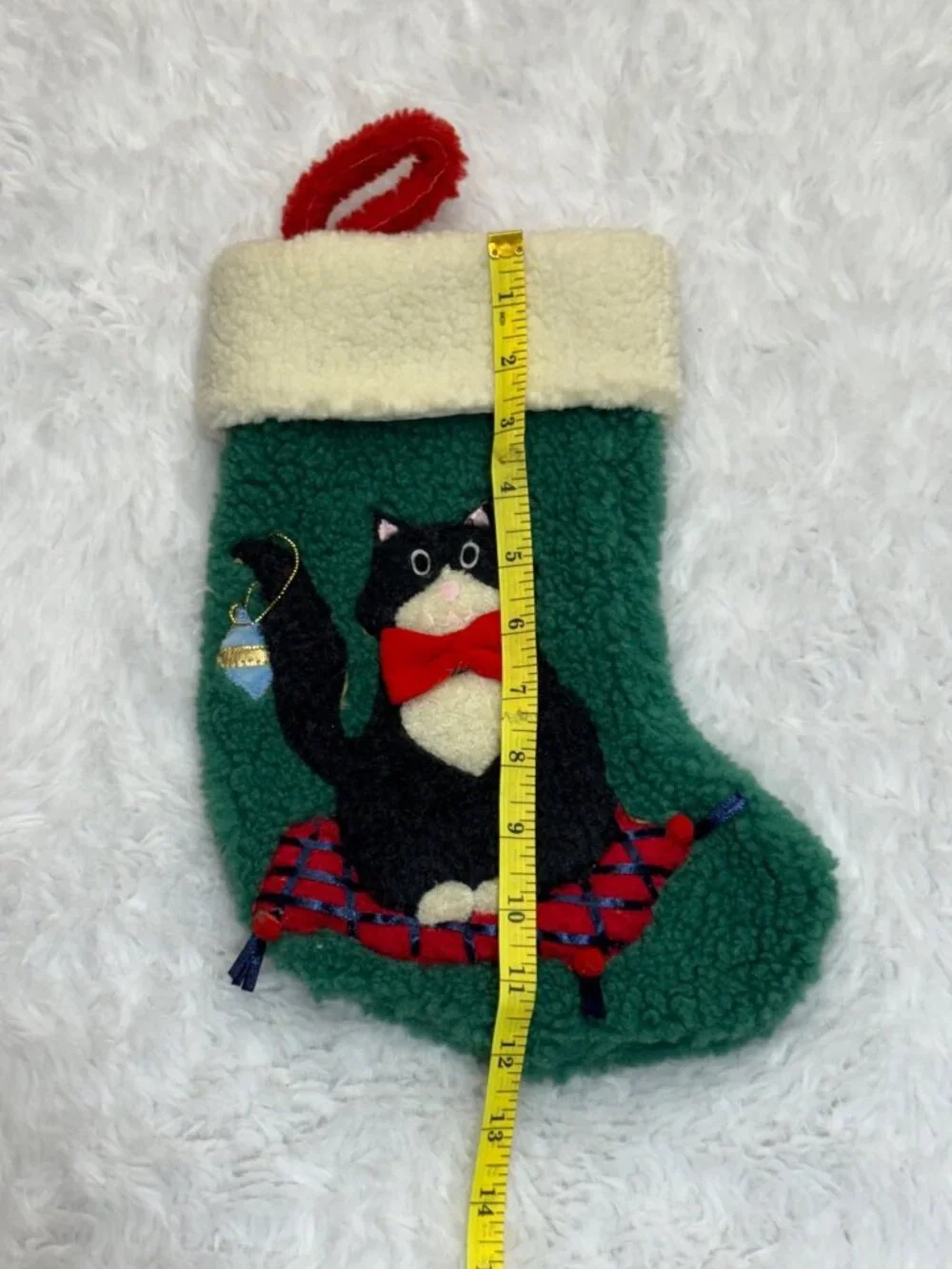 Vintage Cat Christmas Stocking Red Bow Ornament Green Sherpa Fleece Decor Retro - Picture 5 of 5